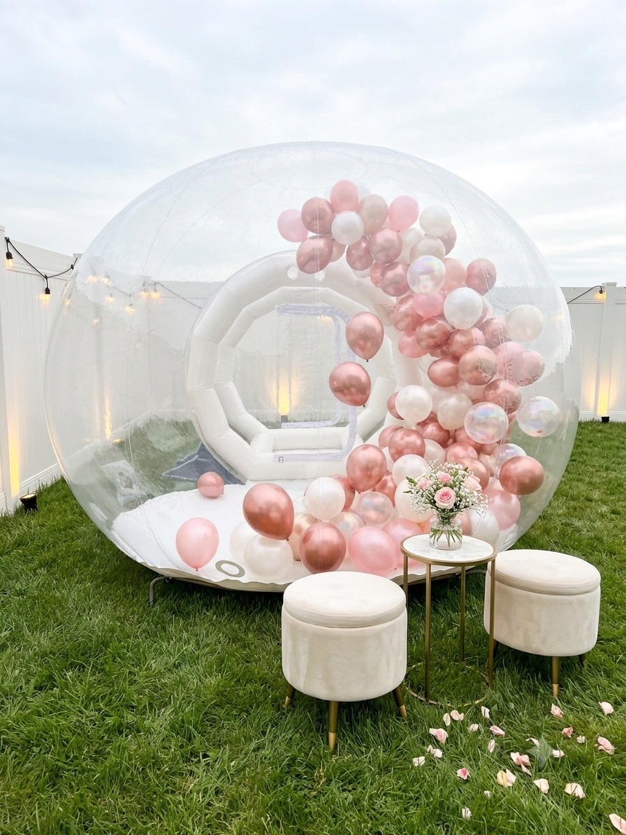 A transparent inflatable bubble dome styled with balloons