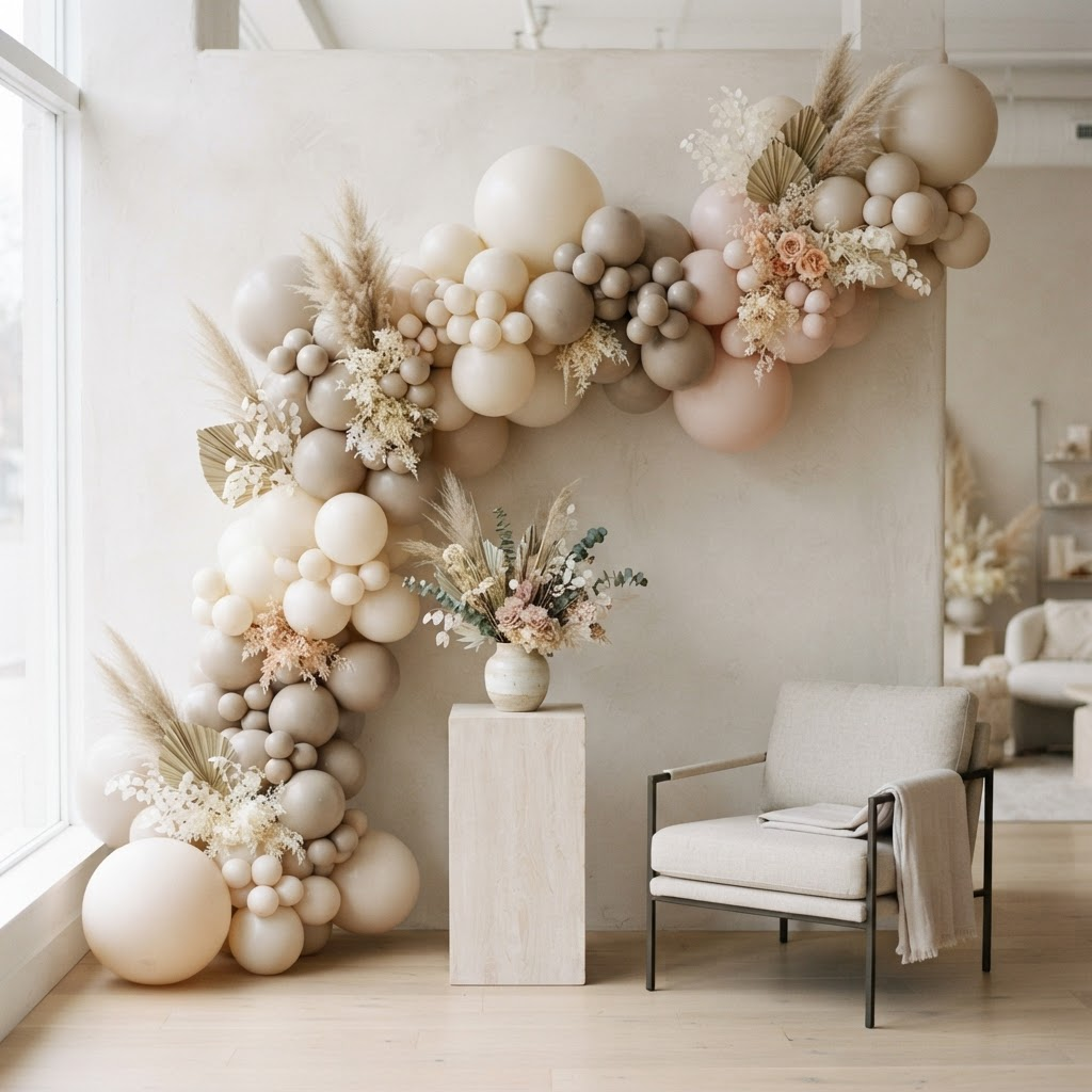 A custom balloon arch installation in a refined palette