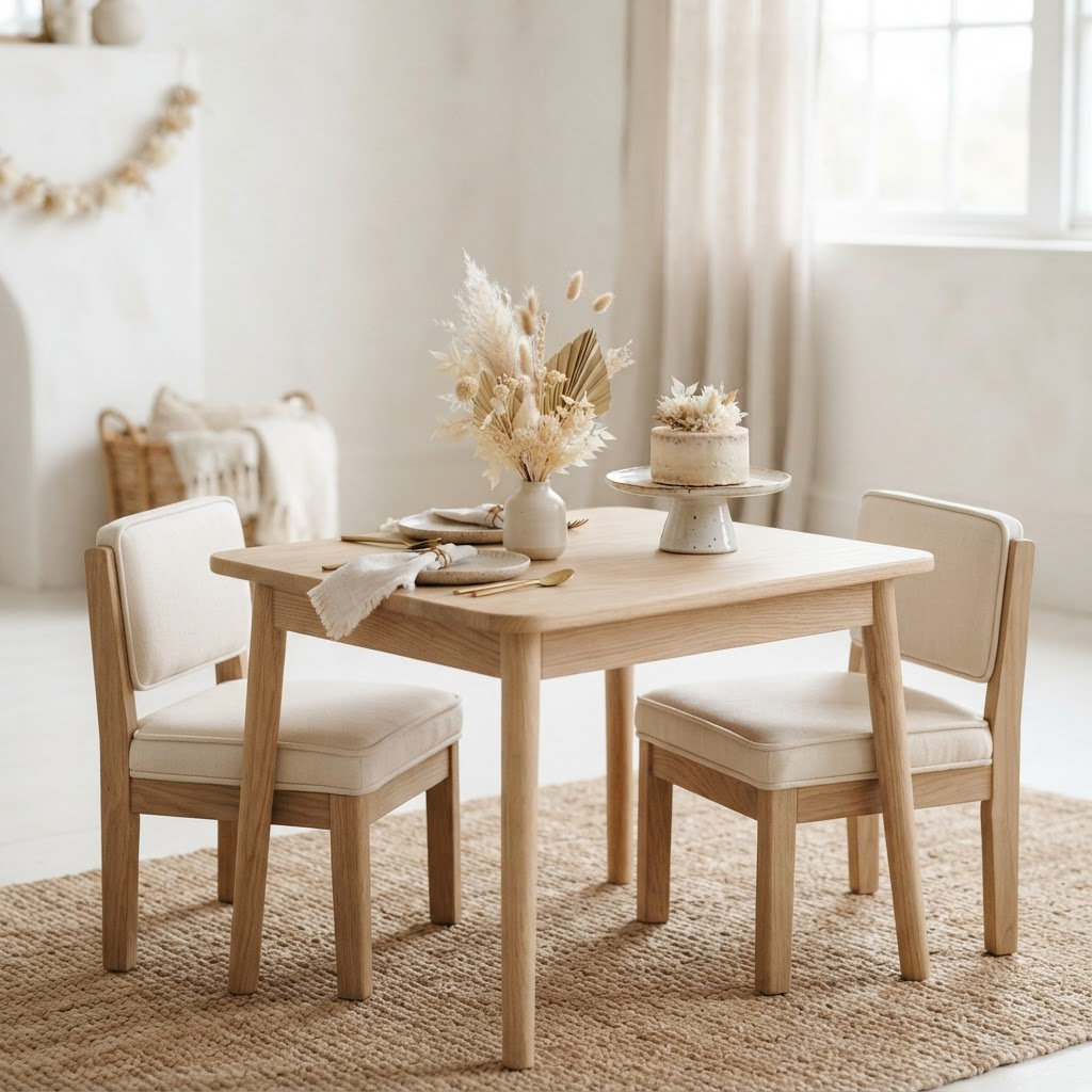 A styled setting of luxury children’s tables and chairs
