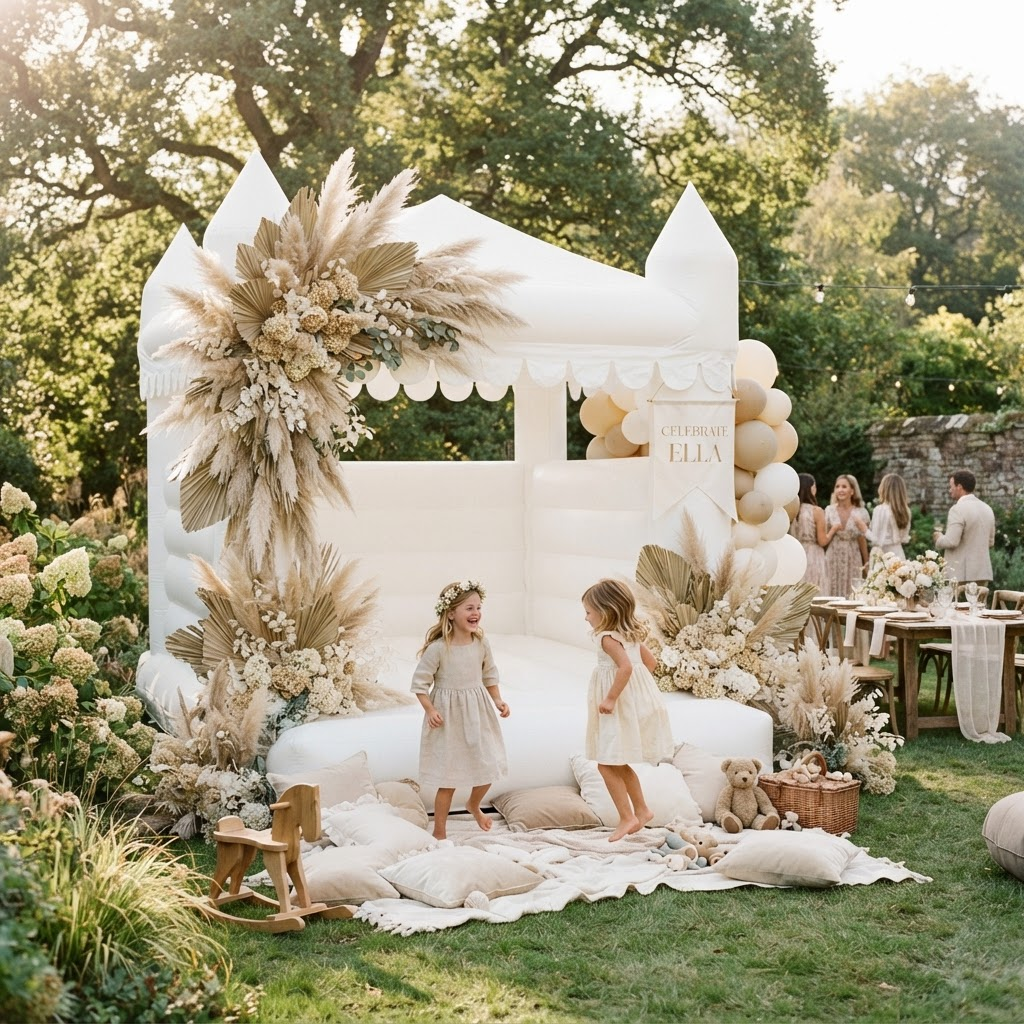 Boutique white bounce house styled for an upscale garden party