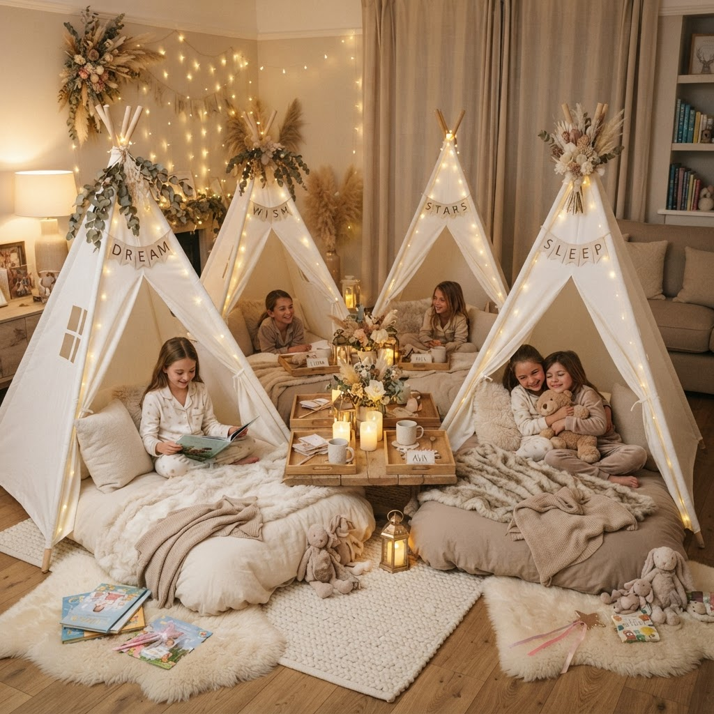 Elegant teepee sleepover with fairy lights and neutral bedding