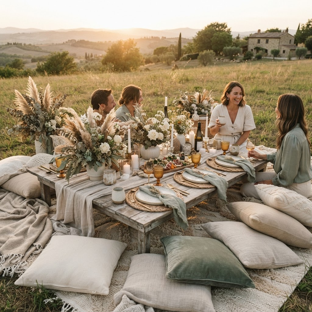 Bespoke low picnic table setup with pampas and ceramic tableware
