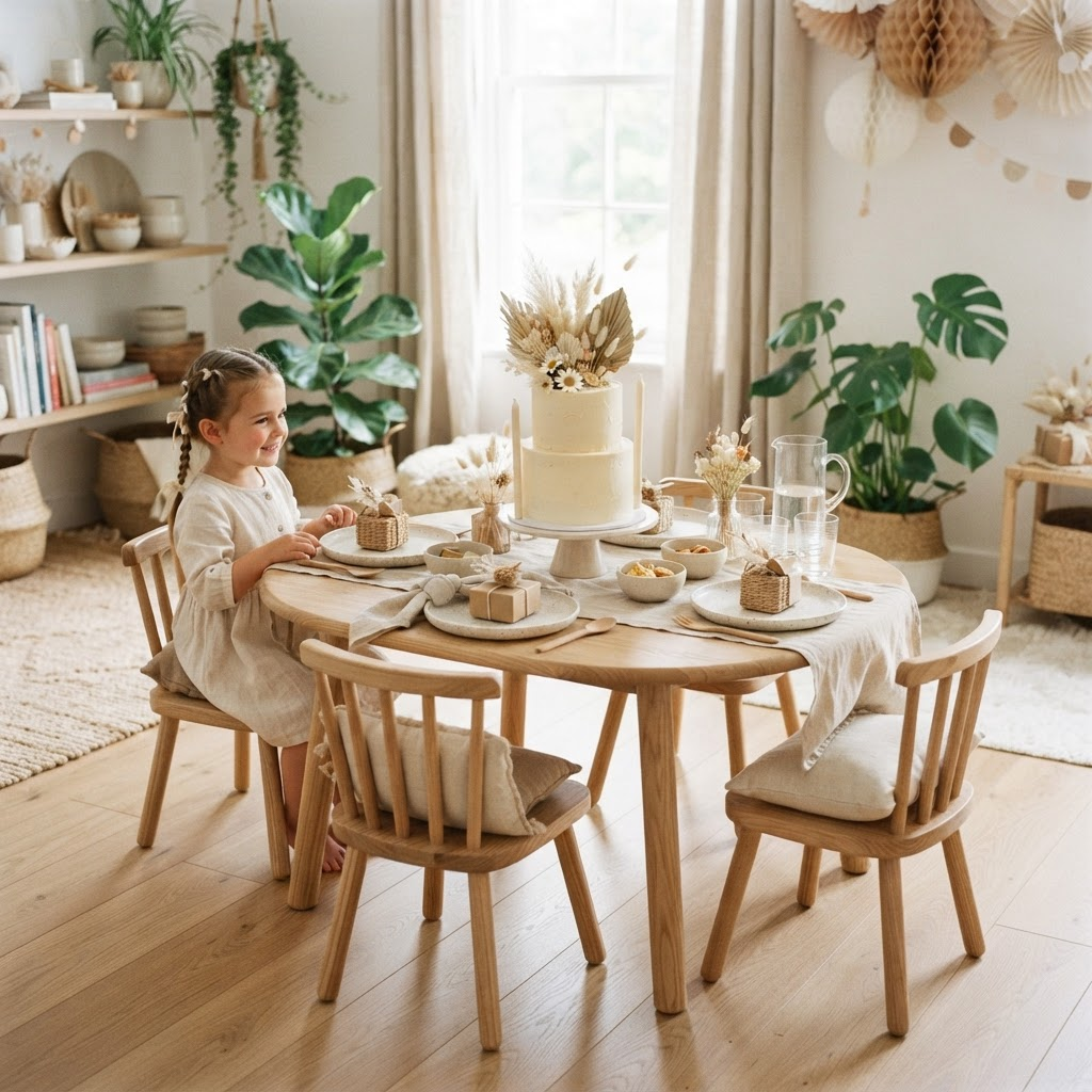 Refined children’s party tablescape with minimalist cake