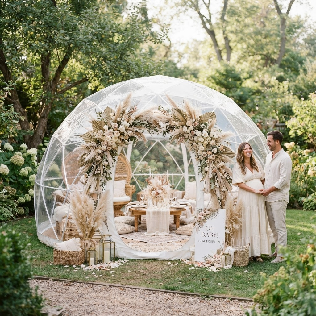 Transparent bubble dome styled for a garden gender reveal