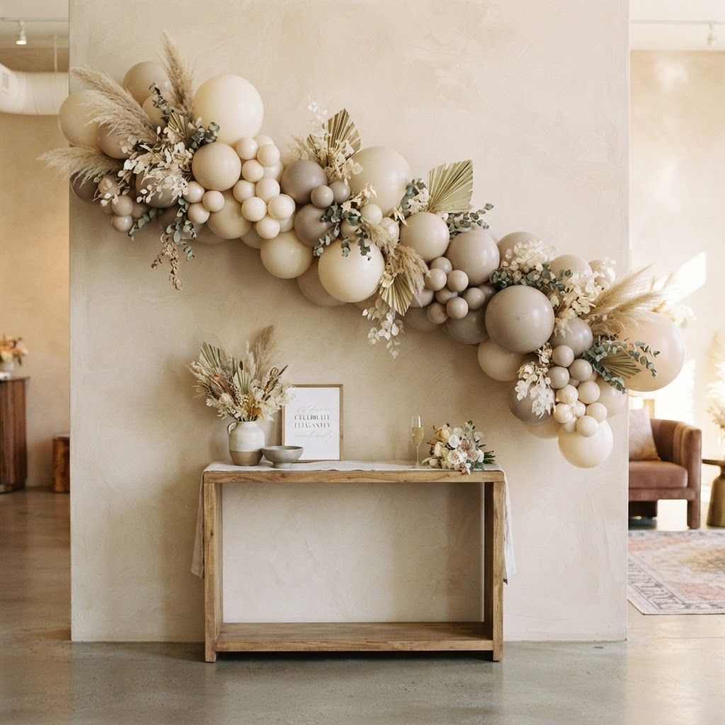Organic neutral-toned balloon arch against a soft plaster wall