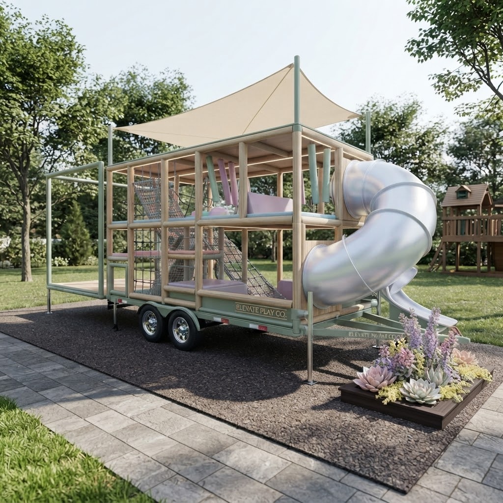 The Alabaster — signature white mobile play trailer styled at golden hour