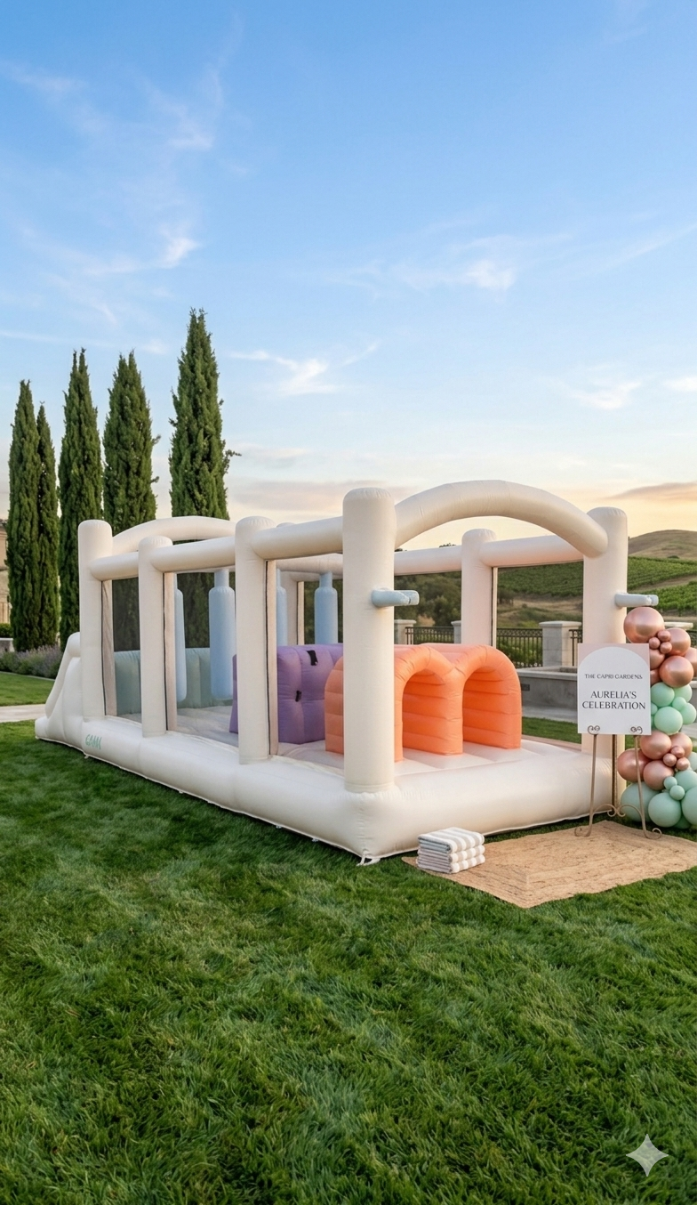 A pristine all-white inflatable obstacle course on a manicured lawn
